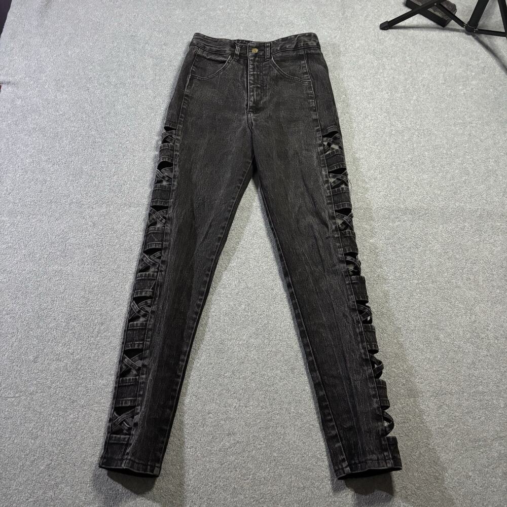Vtg Watch LA Side Lace Up Jeans Black High Waist Tapered Skinny USA 7/8 26x29.5